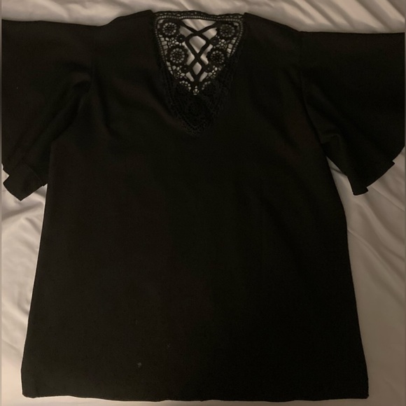 St Jubileens Black Polyester Lace Embroidered Back Ruffle short sleeves NWOT Lg - Picture 5 of 12